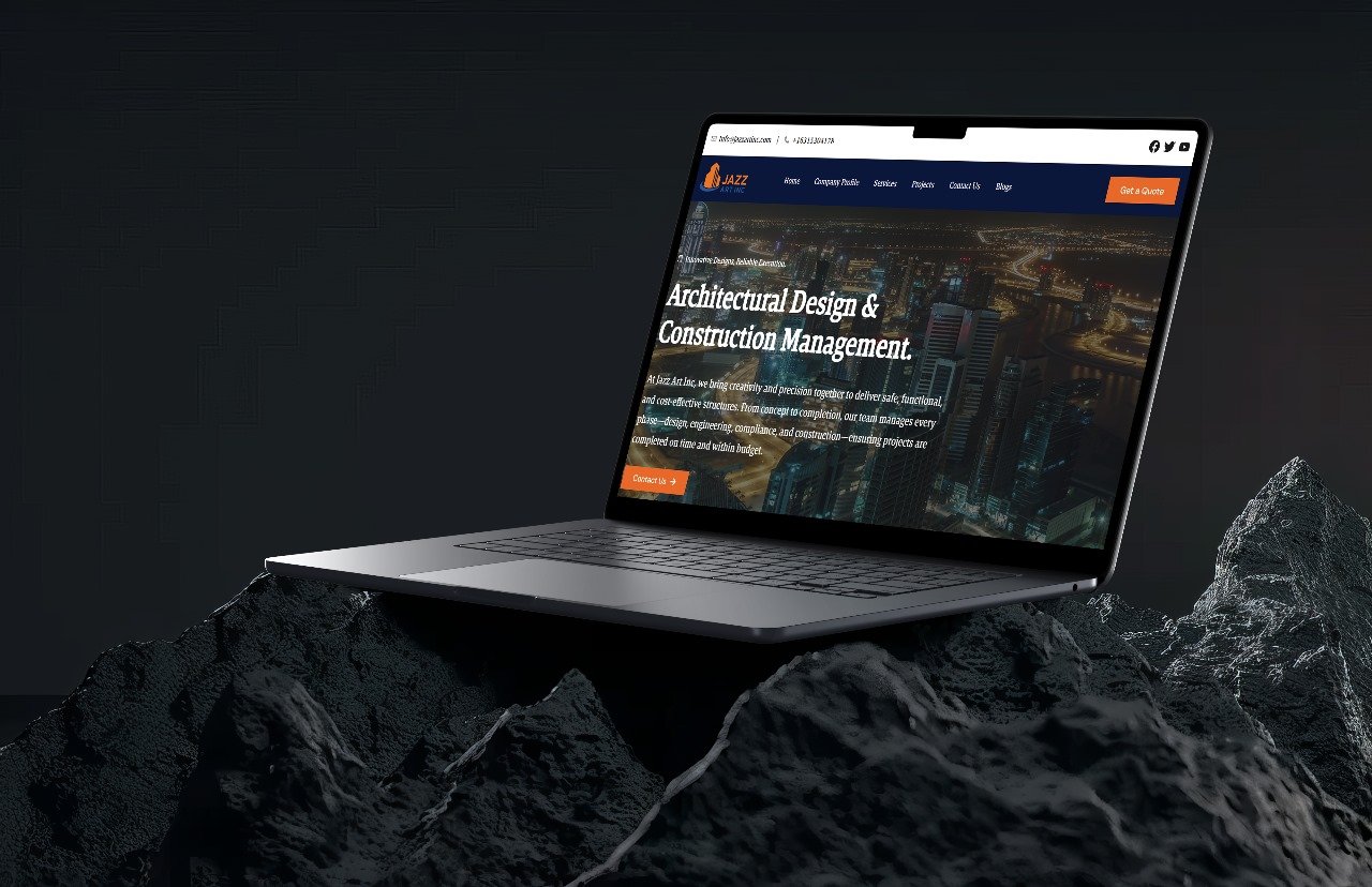 Jazz Art Inc website mockup — architectural design and construction management company with city skyline hero